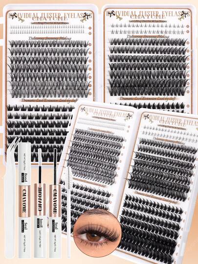 这款592/448/406片装D型卷翘假睫毛套装包含胶水、定型喷雾、镊子和睫毛刷，可打造自然柔和的睫毛效果。套装容量大，包含假睫毛、镊子和睫毛刷。它采用蓬松的假睫毛，并配有大容量的睫毛册，非常适合初学者。多种睫毛组合可满足不同的眼妆需求。