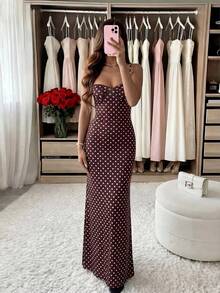 Đầm nữ màu trơn dệt kim chấm bi phối ren in họa tiết thanh lịch, gợi cảm, thường ngày, thích hợp cho kỳ nghỉ hè. - màu nâu - Xem 3