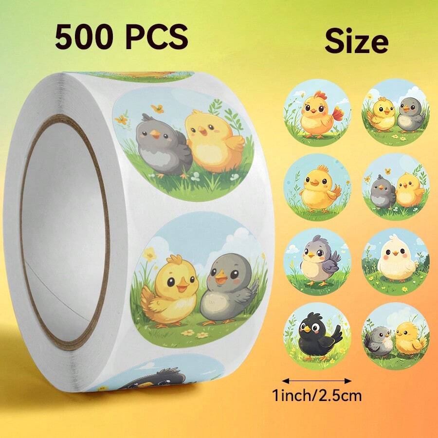 500pcs/Roll, Round Self-Adhesive Envelope Seals Stickers, Scrapbooking DIY Decoration Stickers, 10 Different Cute Chick Patterns, Back To School BUJO Planner Collage Materials, Halloween Christmas Gift Packaging Seals, Vintage Photo Album, Storage Jar Gift Box Decoration - Multicolor - View 1
