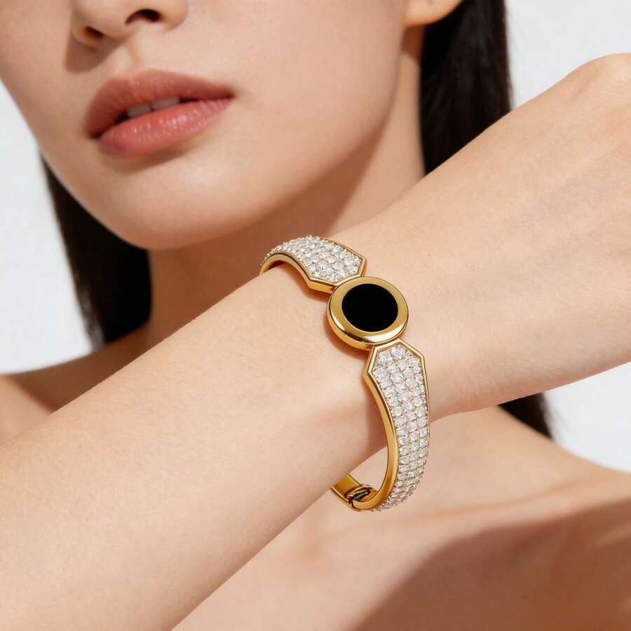 1件时尚金手镯搭配黑玛瑙，百搭饰品，适合女士日常和晚间佩戴 - 幾何 - 查看 1