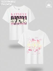 Katseye Women's Band Pattern, Girls' T-Shirt, 100% Cotton T-Shirt, Girls' Clothes, Casual Outdoor Sports Style, Comfortable And Breathable, Skin-Friendly, Fashionable And Versatile, Crew Neck Short-Sleeve Shirt That Can Be Worn Alone - 白色 - 查看 2