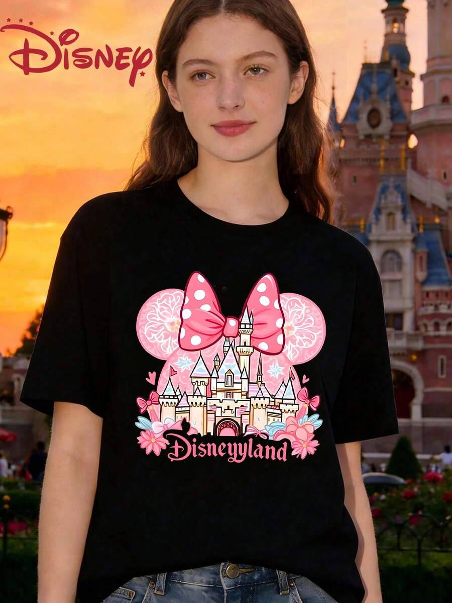 Women's Casual Disney Minnie Castle Print Cotton Short Sleeve Round Neck T-Shirt For Disneyland Trips - 黑色 - 查看 1