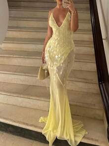 Women's V-Neck Sexy Strapless Backless Slim-Fit Sequined Mermaid Evening Dress - hồng - Xem 2