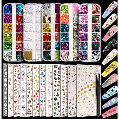 Express Delivery 2 Sheets Nail Art Sticker Self-Adhesive Flower Nail Stickers 5D Emed Nail Decals 5 Boxes Nail Glitter Sequins Flakes Nail Art Design Tools Self Adhesive