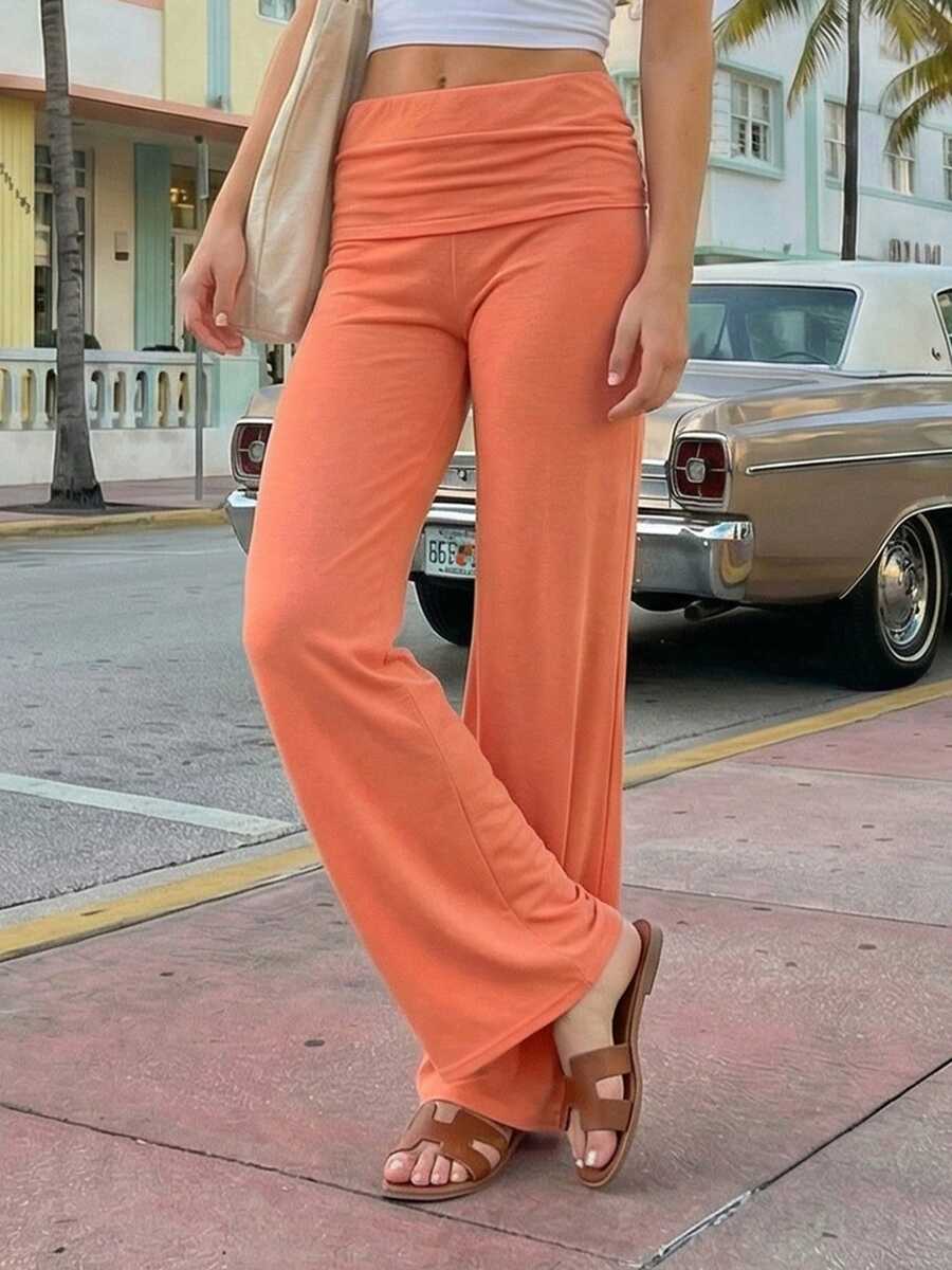 Women Low Waisted Fold Over Pants Flared Y2K Fold Over Sweatpants Solid Color Yoga Lounge Pants Strechy Casual Wide Leg Leggings Trousers - 橘色 - 查看 1