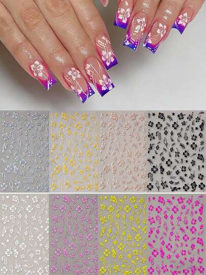 【清新芙蓉美甲贴纸】8套清新粉白芙蓉美甲贴纸 | 8张芙蓉花自粘背胶美甲贴纸，适合女性DIY美甲装饰