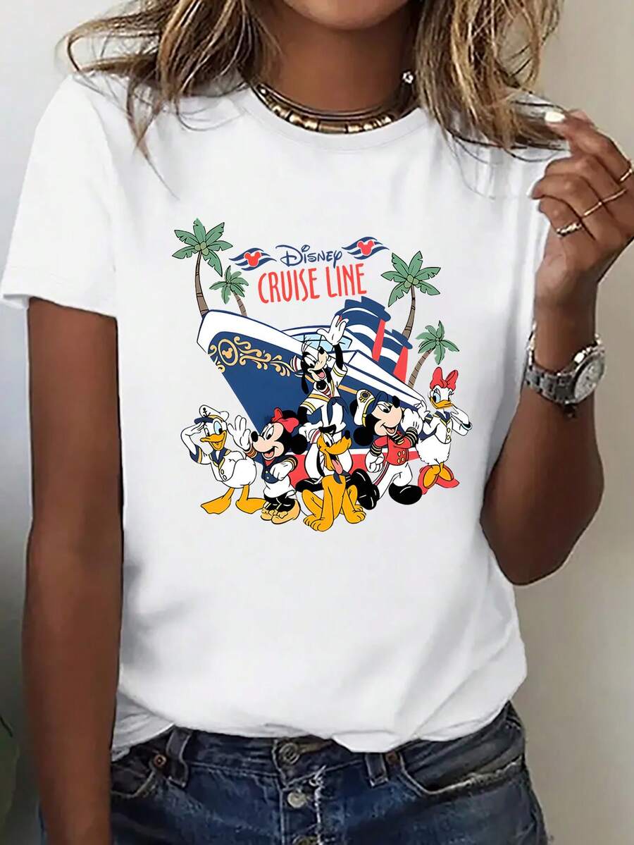 Loose Fit Disney Cruise Mickey Mouse Companion Collection Printed T-Shirt, Suitable For Summer And Spring, Short Sleeved Tops, Women's Clothing, Holiday Gift Party Clothing. - White - View 1