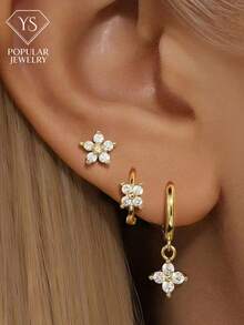 3件套经典闪亮立方氧化锆精致小耳环，适合女士婚礼和日常佩戴，超小耳钉，情人节或生日送礼佳品 - 三件組B款金色 - 查看 5