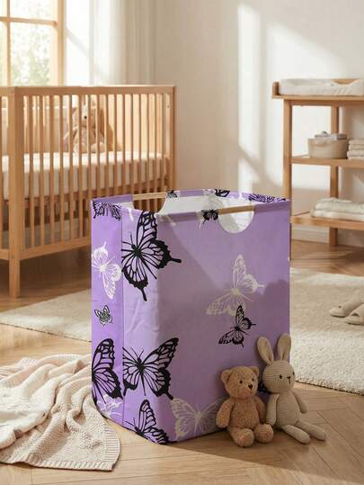 大容量可折叠洗衣篮，饰有蝴蝶结和爱心图案，配有木质手柄，多用途，可用于浴室、婴儿房、玩具和衣物收纳