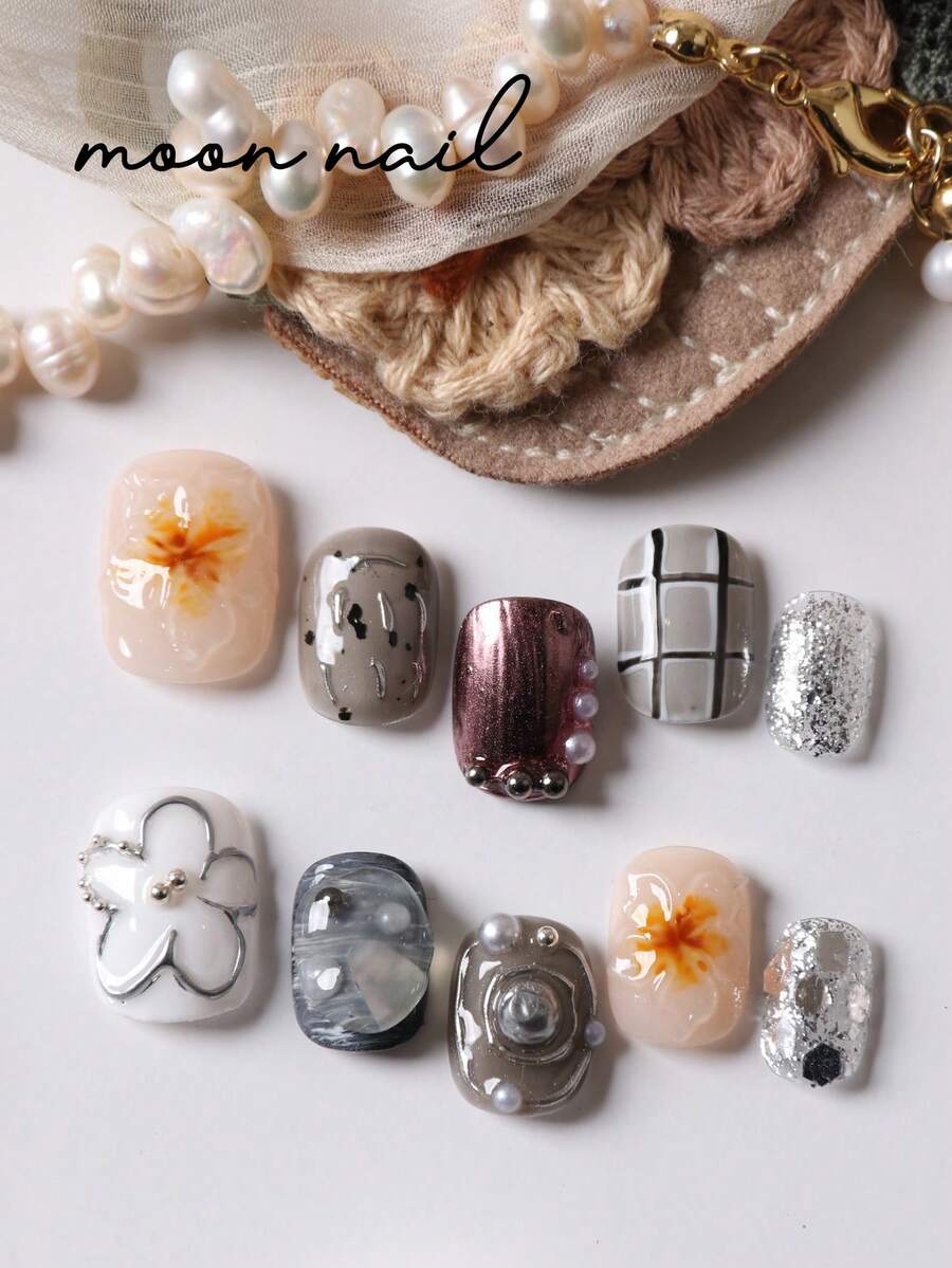 10pcs Press On Nails Silver Flower Cute Stripe Nails Press On Nail Supplies Short Nails Fake Nails Artificial Nails Kit Includes 1sheet Adhesive Tabs &1 Pc Mini File - Multicolor - View 1