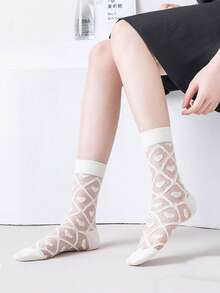 4 Pairs Transparent Socks For Women, Summer Thin Leopard, Black & White, Ins Mid-Calf, Striped, Plaid, Glass Silk Socks - Multicolor - View 4