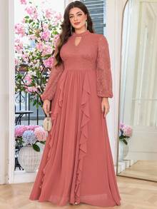 Đầm dạ hội trang trọng, thanh lịch với cổ áo khoét rỗng, ren hoa, tay áo phồng, chất liệu chiffon, viền bèo nhún, thích hợp cho lễ tốt nghiệp, dạ tiệc, vũ hội, đám cưới. - Bụi hồng - Xem 4