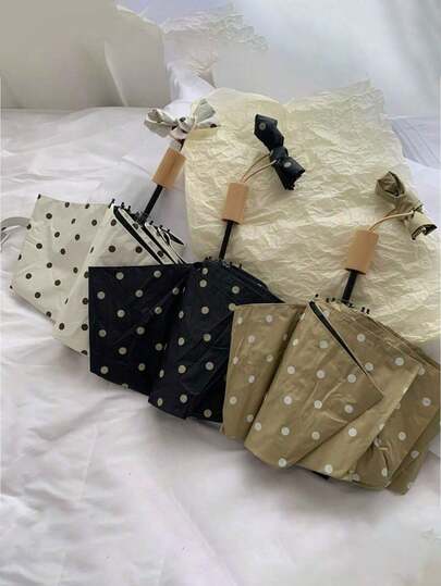 Minimalist Polka Dot Series Black Coated UV Protection Portable Folding Umbrella, Suitable For Outdoor Travel