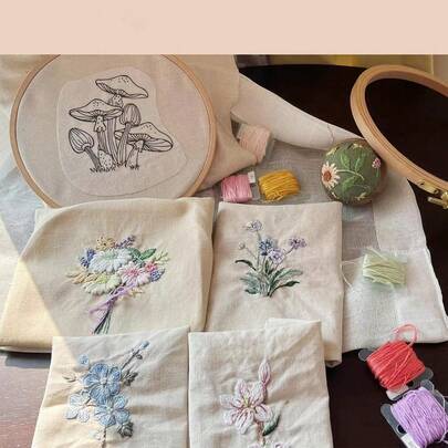 Adesivos bordados com padrão floral botânico de cogumelos, patches autoadesivos e solúveis em água, não tecidos, para artesanato de costura, decoração de roupas, bolsas e chapéus DIY