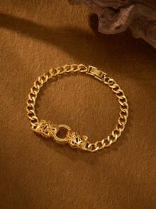 1 Piece Fashion Classic Shiny Plated 18k Gold Double Leopard Ring Zirconia Inlaid Bracelets, Suitable For Women's Daily Wear , Excluding Box - Double Leopard Bracelet - View 7