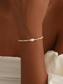 3pcs 14K Gold-Plated Bead Faux Pearl Cross Bracelet Set For Women Stylish, Delicate, Casual Adjustable Stretch Bracelet Set With Asymmetrical Pearl Cross Birthday Gift, Christian Jewelry Gift, Faith Jewelry Gift - Gold - View 2