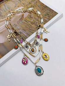 1 Set Fashionable Multi-Layer Vintage Flower Dopamine Color Necklace - 多色的 - 查看 3