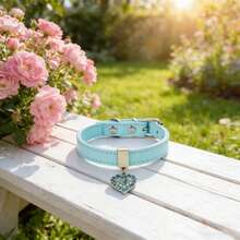 亮面PU皮革宠物项圈，配心形吊坠，适合宠物摄影和日常佩戴 - 淺藍色 - 查看 4