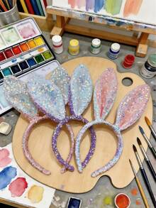 1pc New Cute Rabbit Ear Sequin Headband Hair Accessories, Women Hair Hoop Rabbit Ear Hair Clip - View 3