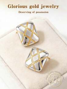 厚款金银双色女士耳环，14K不锈钢耳环，低致敏性，不规则纹理，厚款几何双色耳环，复古混搭金属时尚耳环 - 彩色 - 查看 4