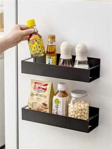 1/2pcs Magnetic Side Storage Rack, Suitable For Refrigerator And Washing Machine - No Drilling Installation, Fashionable Black Metal Surface, Wall-Mounted Spice Rack, Great For Storing Laundry Supplies - Multicolor - View 4