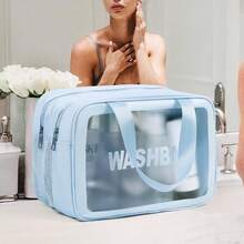 1pc Blue PVC Transparent Makeup Bag, Large Capacity Waterproof Portable Toiletry Bag, Women Travel Organizer - Blue - View 1