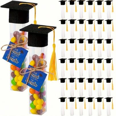 Bộ 12 hộp quà tốt nghiệp, hộp đựng kẹo bằng nhựa trong suốt có thể đổ đầy, kèm mũ tốt nghiệp có tua và thiệp chúc mừng tốt nghiệp, thích hợp tự làm quà tặng cho tiệc tốt nghiệp năm 2026.