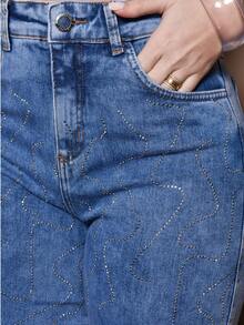 Women's Blue Jeans With Glitter Wave Pattern, High Waist, Premium - Dark Wash - View 16