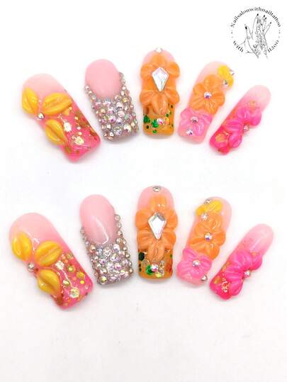 10pcs Handmade Solid Color Nail Stickers, 33mm Rectangular Nail Stickers, Pink Nail Stickers, Pink Ombre Nail Stickers, 3D Embossed Yellow Flower, Pink Flower, Orange Flower Nail Stickers, Some Nail Stickers Decorated With Rhinestones And Glitter, Cute Nail Stickers, Spring Nail Stickers