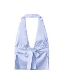 Women's Solid Color Halter Tank Top Summer Slim Fit Backless Deep V Neck Sleeveless Going Out Shirt - màu xanh nhạt - Xem 5