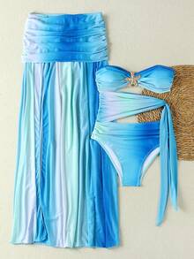 女士优雅性感条纹泳衣套装，包含长款纱笼裙，深浅蓝色相间，高弹面料，星形图案两件式泳装，适合海滩派对、娱乐和度假。浪漫时尚的设计，独特的休闲波西米亚风格，适合旅行和日常出行。 - 彩色 - 查看 4