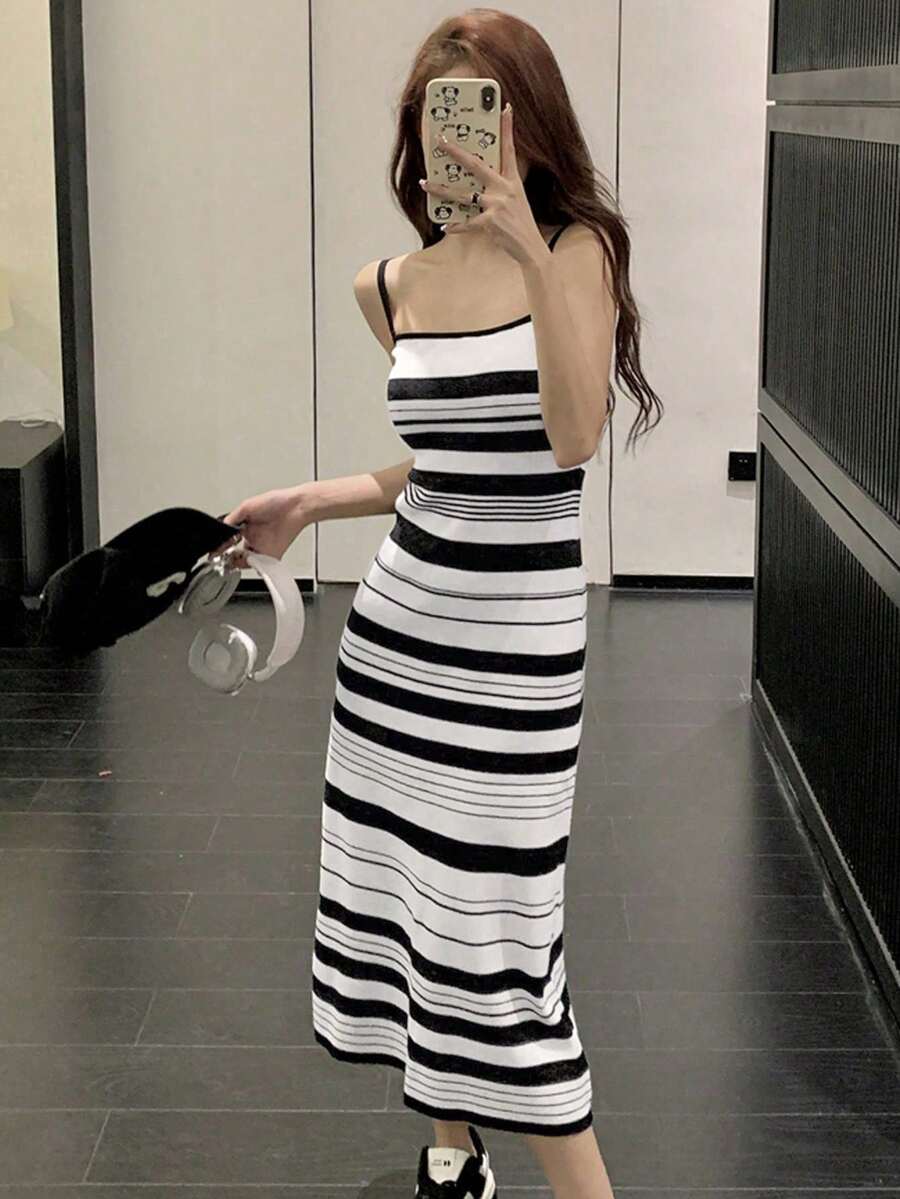 女士春夏条纹吊带连衣裙,收腰针织紧身连衣裙,性感度假/写真连衣裙 白色优雅 - 白色 - 查看 1