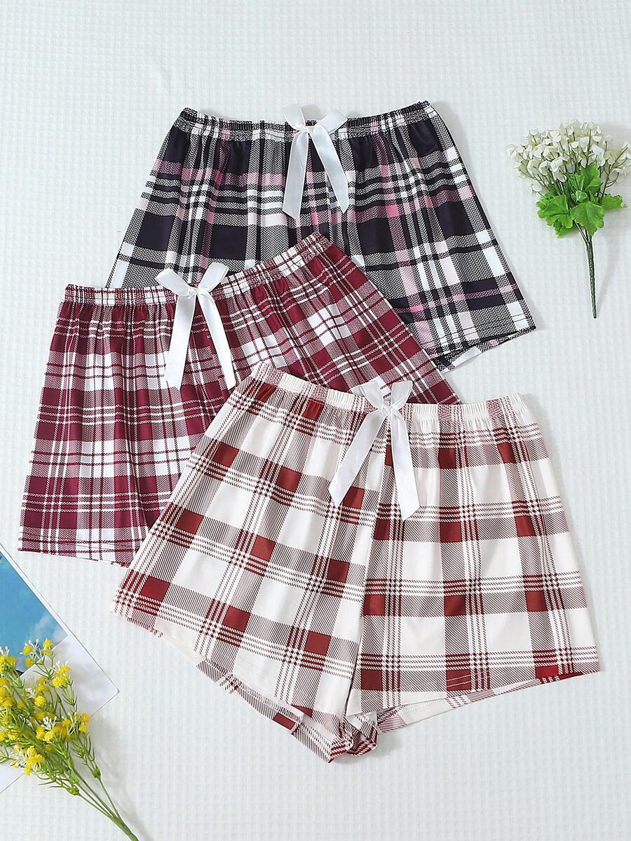 3条装女士可爱格子卡通睡衣短裤，柔软不透光涤纶面料，适合四季居家休闲穿着 - 彩色 - 查看 1