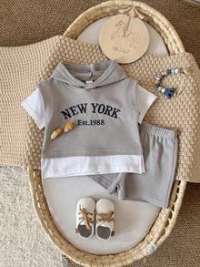 2pcs/Set Toddler Baby Boy Cool Letter Embroidery Grey Hooded Short Sleeve Top And Shorts Set, Spring/Summer - Grey - View 2