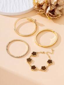 4pcs Luxurious Elegant Refined Sparkling Brown Sweet Clover & White Clover Bracelet Set For Women - Brown - View 3