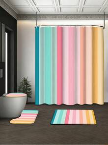 1/4 件套北欧极简条纹浴室浴帘套装，72 英寸*72 英寸 - 彩色条纹防水耐用浴室配件 - 包括马桶盖套、U 型马桶垫和防滑地垫，采用针织涤纶面料制成 - 可水洗，防霉 - 适合春季、家庭/酒店/单身公寓/户外露营/学校宿舍/西式/度假浴室装饰，返校必备，乔迁礼物[附赠 12 个挂钩] - 彩虹條紋 - 查看 17