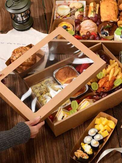 1/2 hộp giấy Kraft màu nâu hình chữ nhật có nắp, cửa sổ trong suốt, đa năng dùng cho dã ngoại, cắm trại, hoạt động ngoài trời, tiệc tùng, sinh nhật, cửa hàng pizza, cửa hàng gà rán, làm bánh, bảo quản thực phẩm như bánh mì sandwich, trái cây.