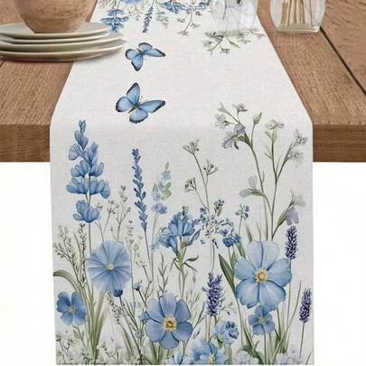 1件春季花卉蝴蝶桌旗，蓝色野花和薰衣草图案，适合季节性节日、室内外用餐装饰、花卉装饰