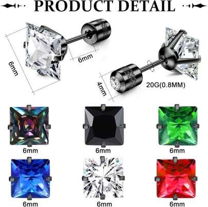 FIBO STEEL 6 Pairs Titanium Screw Back Earrings For Men Women Surgical Stainless Steel Stud Earrings Hypoallergenic Multicolor Double Side Earrings Piercing Sleeper Studs Jewelry 6mm