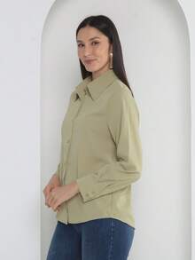 Women's Long-Sleeved Collared Shirt In Lightweight Plain Fabric - Maxma 2019 Simple Casual Elegant Polyester Button - Xanh ô liu 2 - Xem 4