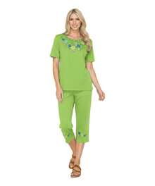 Women Short Sleeves Embroidered Cotton Blend Lounge Wear  Sets - Parkit - View 1