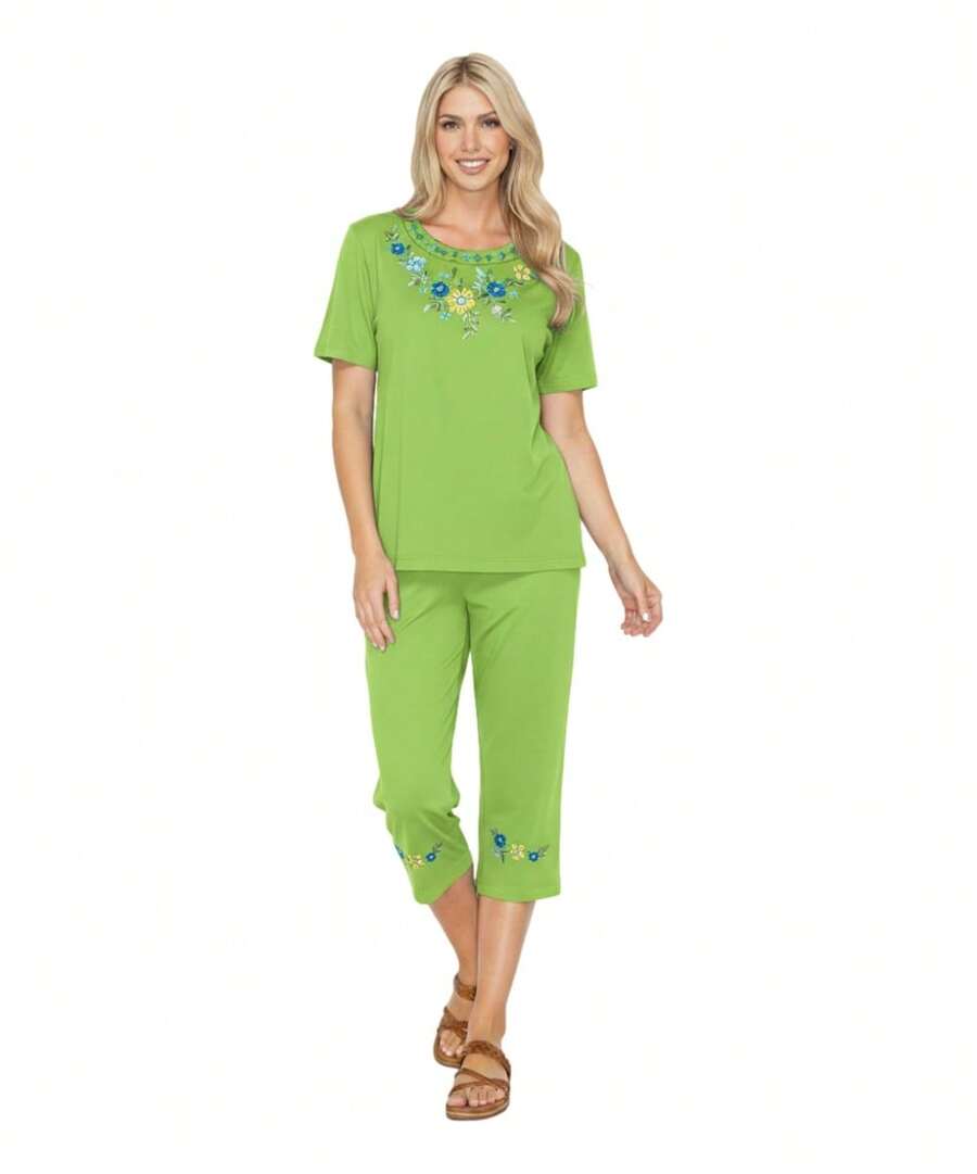 Women Short Sleeves Embroidered Cotton Blend Lounge Wear Sets - Parkit - View 1