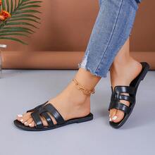Dép đi trong nhà phong cách Hàn Quốc màu trơn cho nữ, dép đi biển đế bằng thời trang mới cho kỳ nghỉ ngoài trời - màu đen - Xem 13