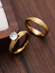 1 par de anillos de pareja de acero inoxidable, bandas de boda con acabado arenado, estilo europeo minimalista, anillos de promesa a juego, regalo del Día de San Valentín - Amarillo Oro - Ver 2
