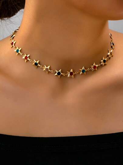 1pc Fashionable Luxury Colorful Rhinestone Star Choker Necklace, Gift For Women, Friends, Sisters, Mothers