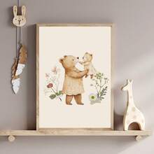 1幅帆布墙画，复古熊妈妈和小熊装饰画，甜美花卉图案，适合女宝宝房间，森林主题婴儿房墙面装饰，小动物干花儿童礼物，适合儿童房、游戏室，防水婴儿房装饰，托儿所装饰，母亲节礼物 - 彩色 - 查看 6