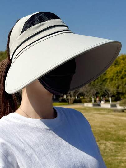 1pc Women's Large Brim Hollow Top Ponytail Mesh Breathable Bucket Hat, Fashionable Minimalist Versatile For Outdoor, Travel, Casual Wear