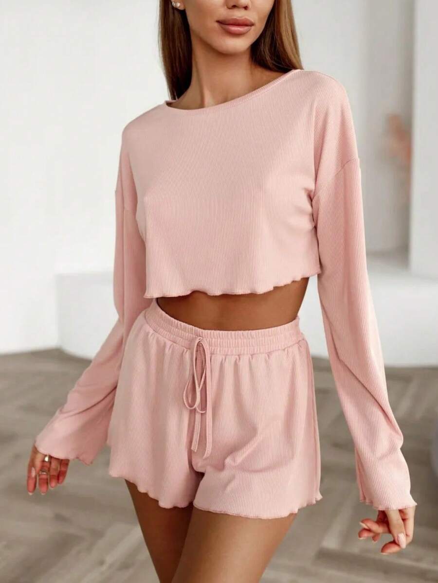 2pcs Women's Solid Color Homewear Set, Ribbed Cropped Long Sleeve Top And Shorts, Suitable For Outdoor Wear - Pink - View 1