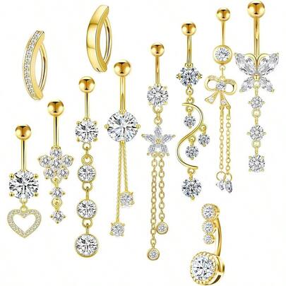 TIANCI FBYJS 14G Women Belly Button Rings Surgical Stainless Steel Dangle Belly Rings 10mm Belly Bar Body Piercing Navel Jewelry Heart Flower Dangling Silver Gold Belly Piercings 11pcs