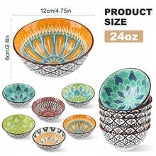 Set Of 6 Ceramic Bowls 10 Oz, Bohemian Ceramic Bowl Set, Bohemian Style Small Vintage Bowl Gift, 4 Color Kitchen Cutlery Serving Bowl, Can Hold Cereal, Soups, Desserts, Snacks, Fruit, Salads; Microwave, Oven, Refrigerator And Dishwasher - Perfect For Dining And Gifts - 彩色 - 查看 4